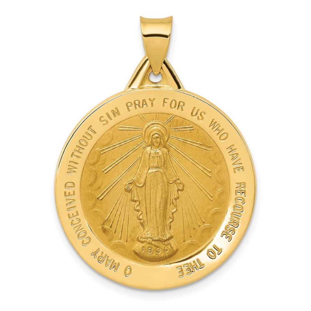 14k Yellow Gold Hollow Round Miraculous Medal Pendant, 25mm (1 Inch)